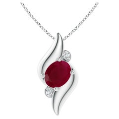 Colgante de oro blanco de 14 quilates estilo concha natural con rubí ovalado de 2 ct y diamantes