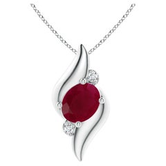 Colgante de oro blanco de 18 quilates estilo concha natural ovalada de 3,3 ct de rubí y diamantes