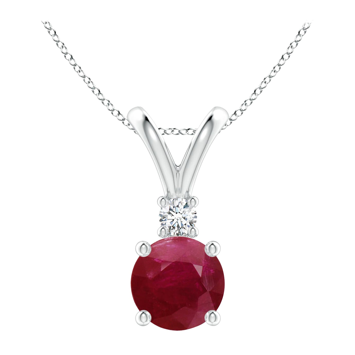 Colgante redondo en V con solitario de rubí de 1,4 ct y diamante en plata de ley 925