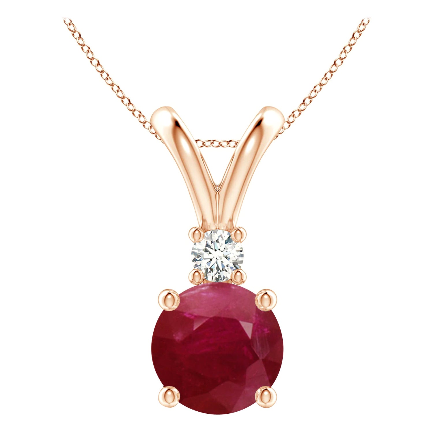 Colgante de rubí redondo natural de 4,5 ct solitario en V con diamante en oro rosa de 14 quilates