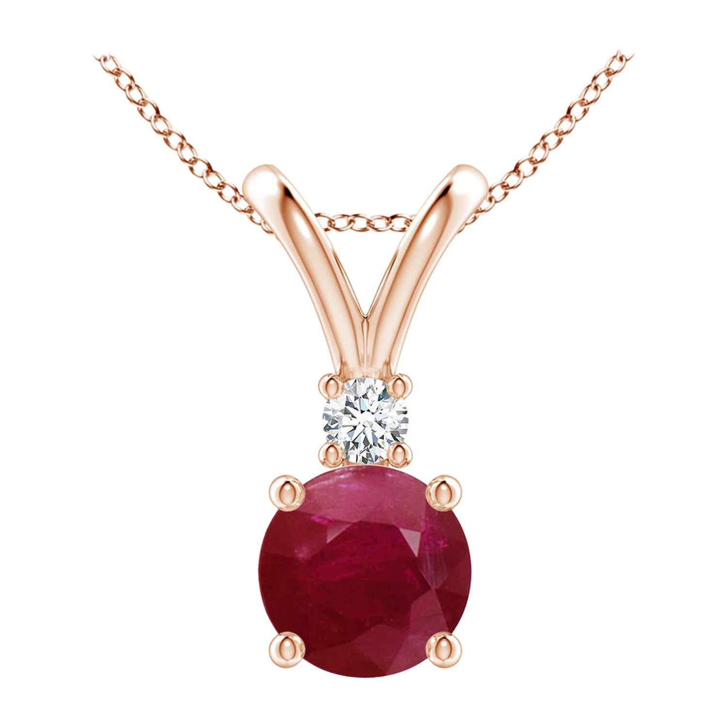 Colgante de oro rosa de 14 quilates con diamante y rubí redondo natural de 1 quilate solitario en V