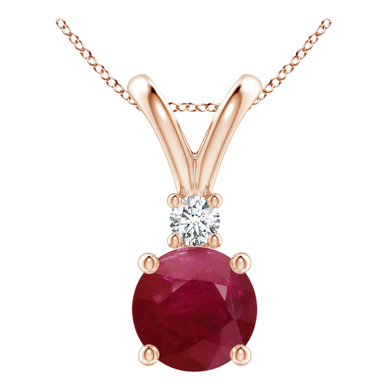 Colgante redondo natural de rubí solitario de 1,4 ct en V con diamante en oro rosa de 14 quilates