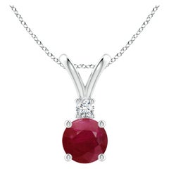 Natural Round 1 ct Ruby Solitaire V-Bale Pendant with Diamond in 14K White Gold