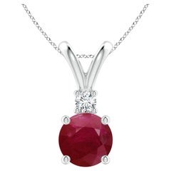 Colgante redondo en V con solitario de rubí de 4,5 ct y diamante en plata de ley 925