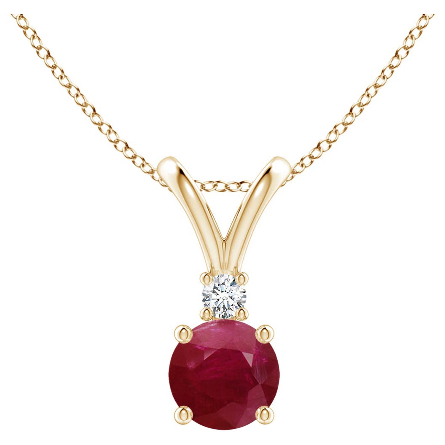 Colgante de rubí natural redondo solitario en V con diamante en oro amarillo de 14 quilates