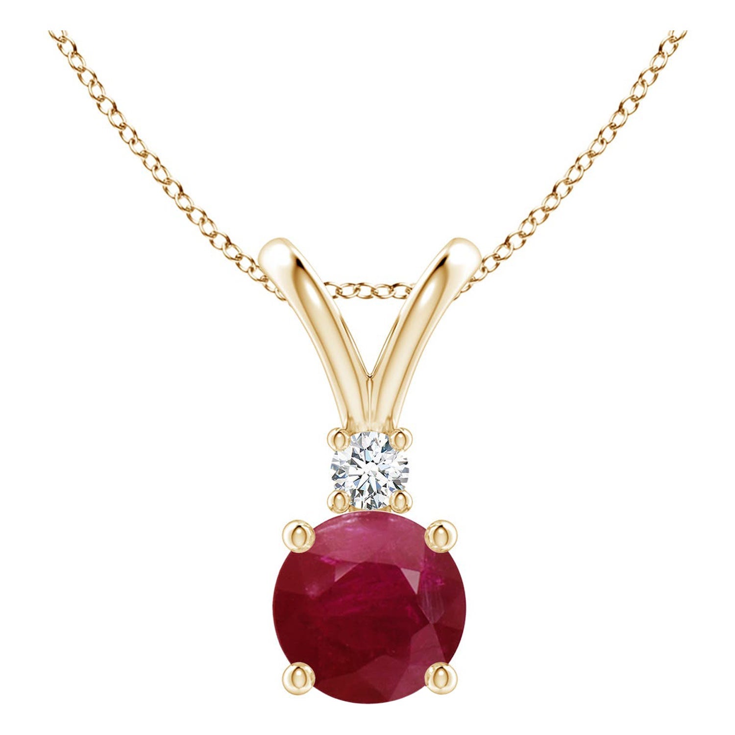 Colgante de oro amarillo de 14 quilates con diamante y rubí redondo natural de 1 quilate solitario en V en venta