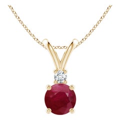 Colgante de oro amarillo de 14 quilates con diamante y rubí redondo natural de 1 quilate solitario en V