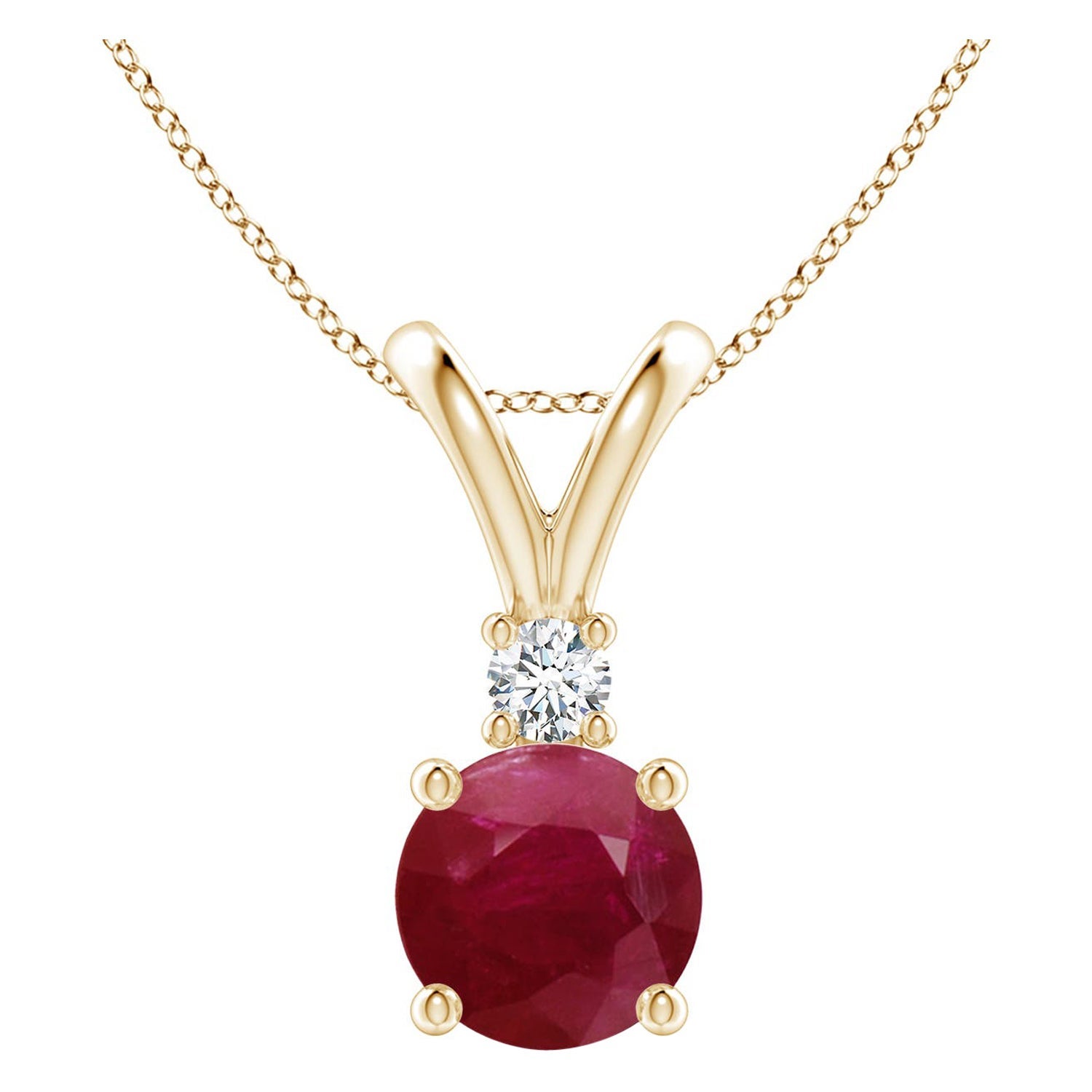 Colgante Redondo de Rubí Solitario en V de 1,4 ct con Diamante en Oro Amarillo de 14 quilates