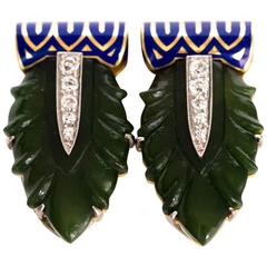 1920s Cartier Enamel Jade Diamond Two Color Gold Dress Clips 1