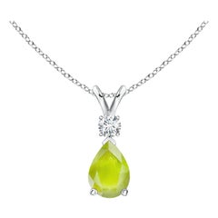 Natural Peridot Teardrop Pendant with Diamond in Platinum