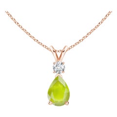 Natural Peridot Teardrop Pendant with Diamond in 18K Rose Gold