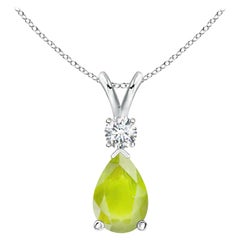 Natural 3.4 ct Peridot Teardrop Pendant with Diamond in 14K White Gold