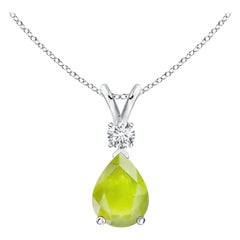 Natural 1.1 ct Peridot Teardrop Pendant with Diamond in 14K White Gold