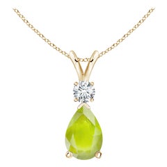 Natural 3.4 ct Peridot Teardrop Pendant with Diamond in 18K Yellow Gold