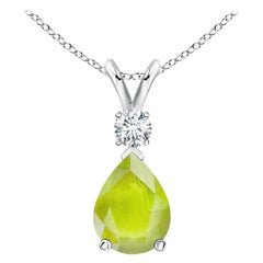 Natural 1.1 ct Peridot Teardrop Pendant with Diamond in 18K White Gold