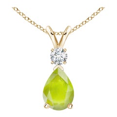 Natural Peridot Teardrop Pendant with Diamond in 14K Yellow Gold