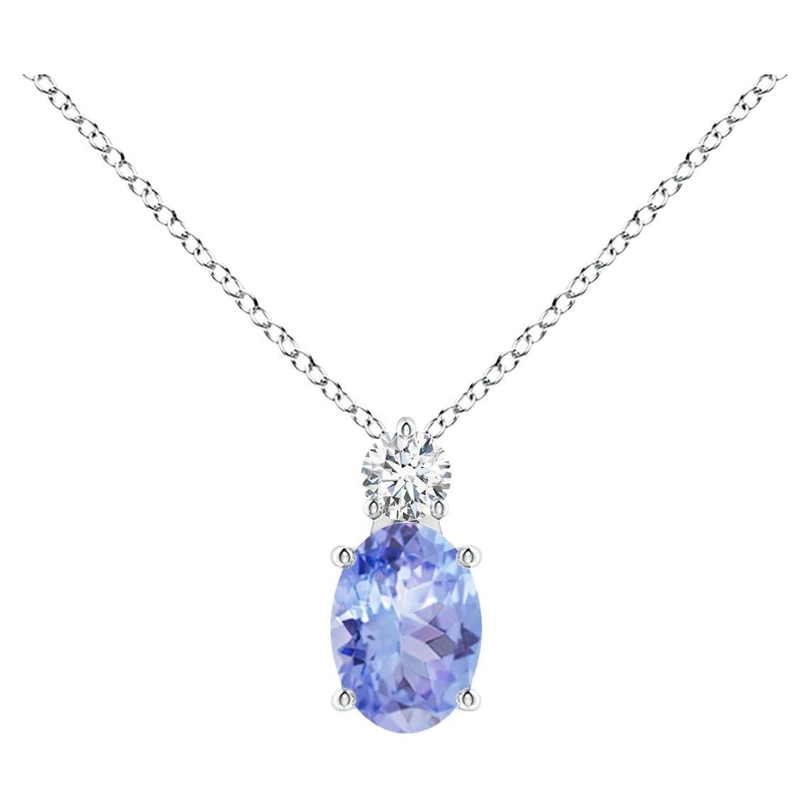 Natural Oval Tanzanite Solitaire Pendant with Diamond in 14K White Gold
