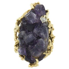 Vintage 14k Gold Large Rough Uncut Amethyst Crystal Diamond Coral Textured Ring