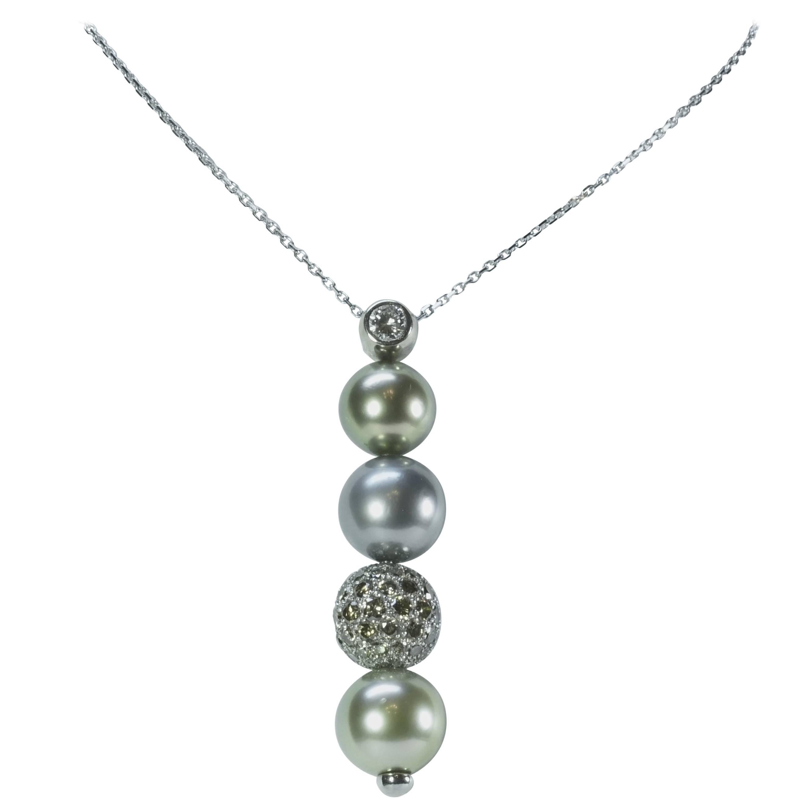 White Diamond, Tahitian Pearls, Fancy colored and Diamond Bead, 18 K Gold Pendant For Sale