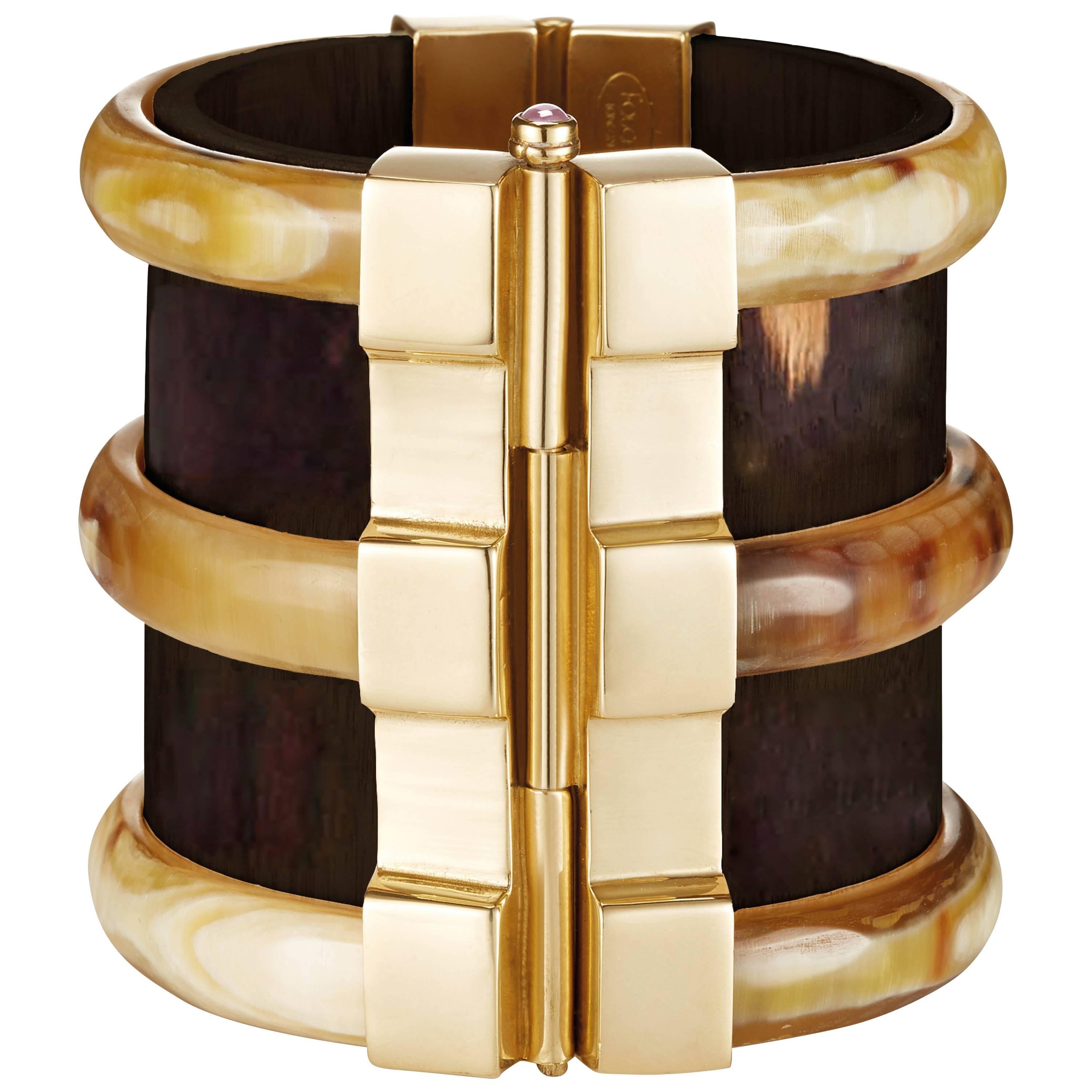 Fouche Bespoke Diana Vreeland Horn Emerald Opal Ruby Wood Gold Cuff Bracelet