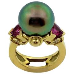 G. Minner Tahitian Pearl Pink Tourmaline Diamond gold Ring