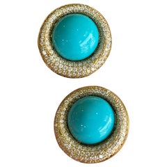 Pendientes Art Decó con cabujón de turquesa y diamantes