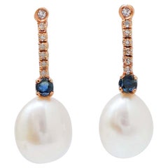 Pearls, Sapphires, Diamonds, 14 Karat Rose Gold Tennis Earrings.