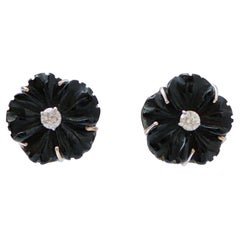 Onyx, Diamonds, 14 Karat White Gold Flower Earrings.