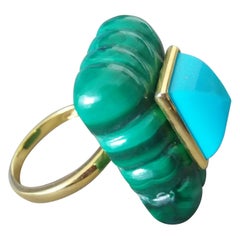 Malachite Engraved Rectangular Shape Turquoise Pyramid 14k Yellow Gold Ring