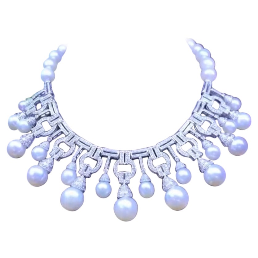 GIT Certified South Sea Pearls  11.00 Ct Diamonds Art Deco Necklace