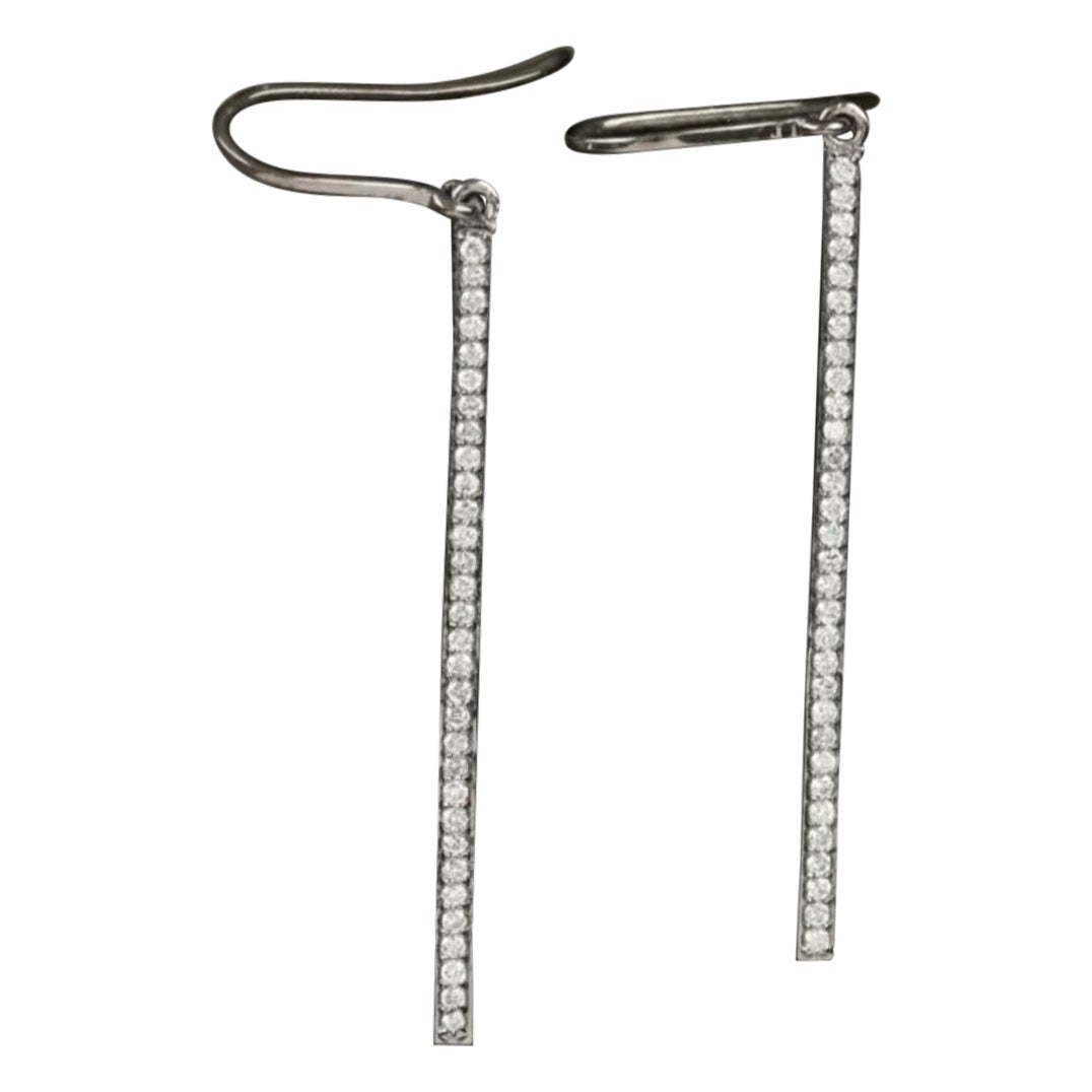 Solid 14k White Gold Bar Earrings Natural Diamond Bar Hook Earring Mom Birthday. For Sale