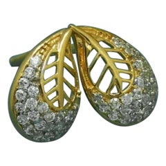Diamond Earrings 14K Yellow Gold Leaf Studs Minimalist Flower Women Earrings.