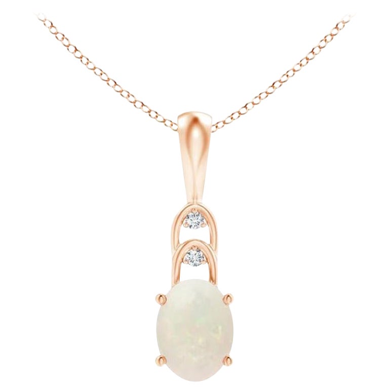 Natural Oval Opal Solitaire Pendant with Diamonds in 14K Rose Gold