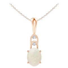 Natural Oval 1.1 ct Opal Solitaire Pendant with Diamonds in 14K Rose Gold