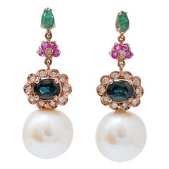 12.5 Mm Pearls, Rubies, Sapphires, Emeralds, Diamonds, 14 Kt Rose Gold Earrings.