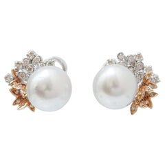 Boucles d'oreilles en perles de 14 mm, diamants, or blanc et or rose 14 carats.