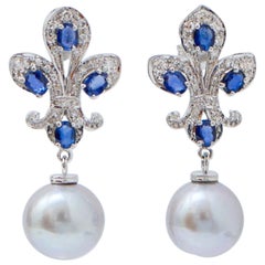 12 Mm Grey Pearls, Sapphires, Diamonds, 14 Karat White Gold Earrings.