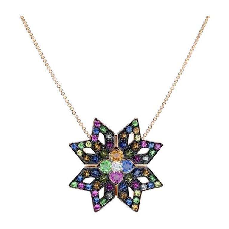 Tsavorite Sapphire Ruby Multisapphire Rose 14k Gold Necklace for Her