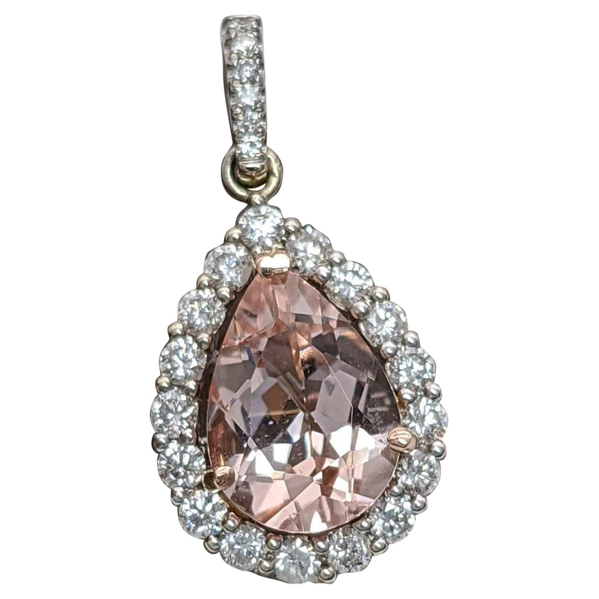 AAA Morganite Pendant w Earth Mined Diamonds in Solid 14K Dual Gold Pear 10x7mm