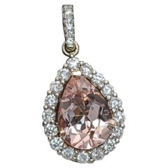 AAA Morganite Pendant w Earth Mined Diamonds in Solid 14K Dual Gold Pear 10x7mm
