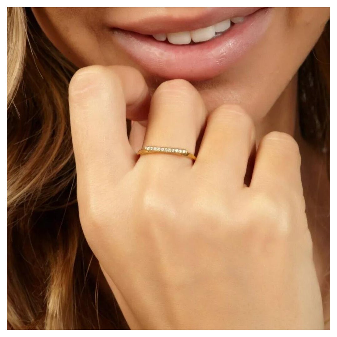 Diamond Bar Ring 14K Solid Gold Diamond Band Ring For Women Valentine Gift For Sale