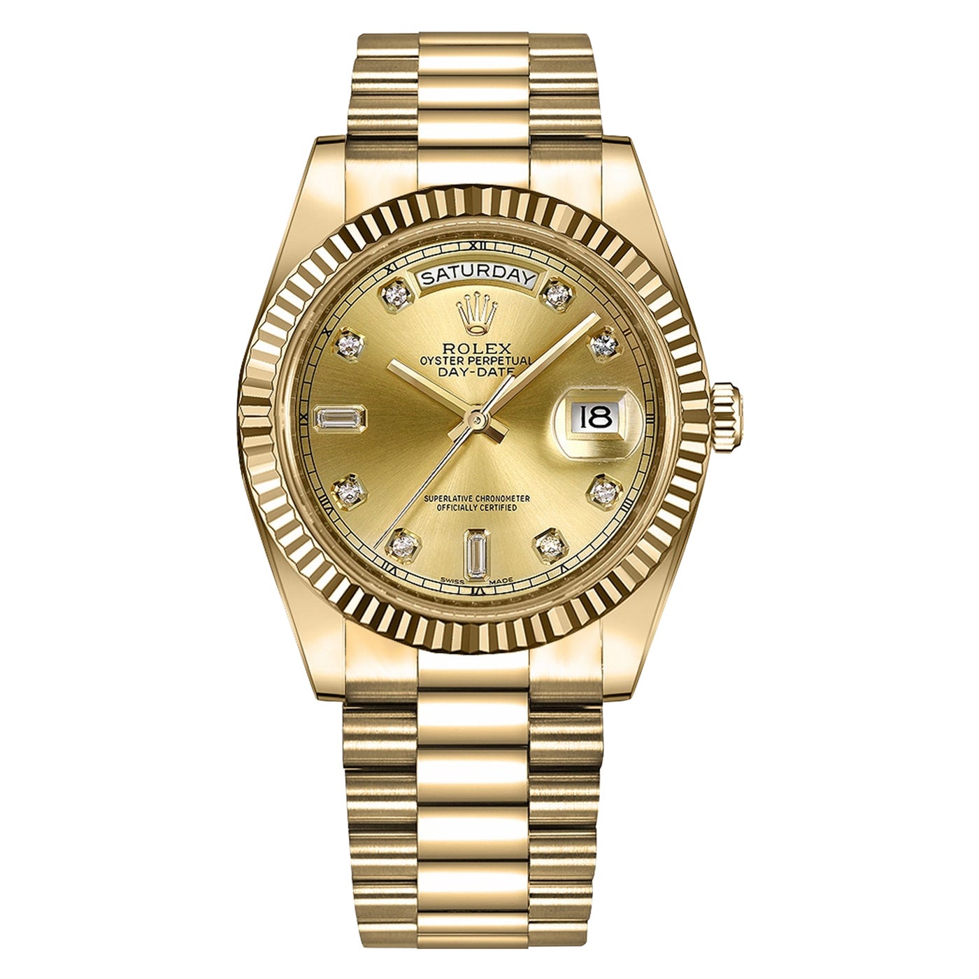 Reloj Rolex Day-Date II Oro Amarillo Bisel Acanalado Esfera Champán Diamante 218238
