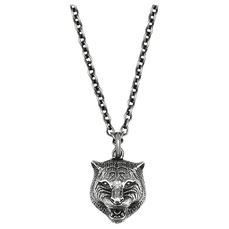 Gucci Feline Kopf gealtert Sterling Silber Halskette YBB433608001