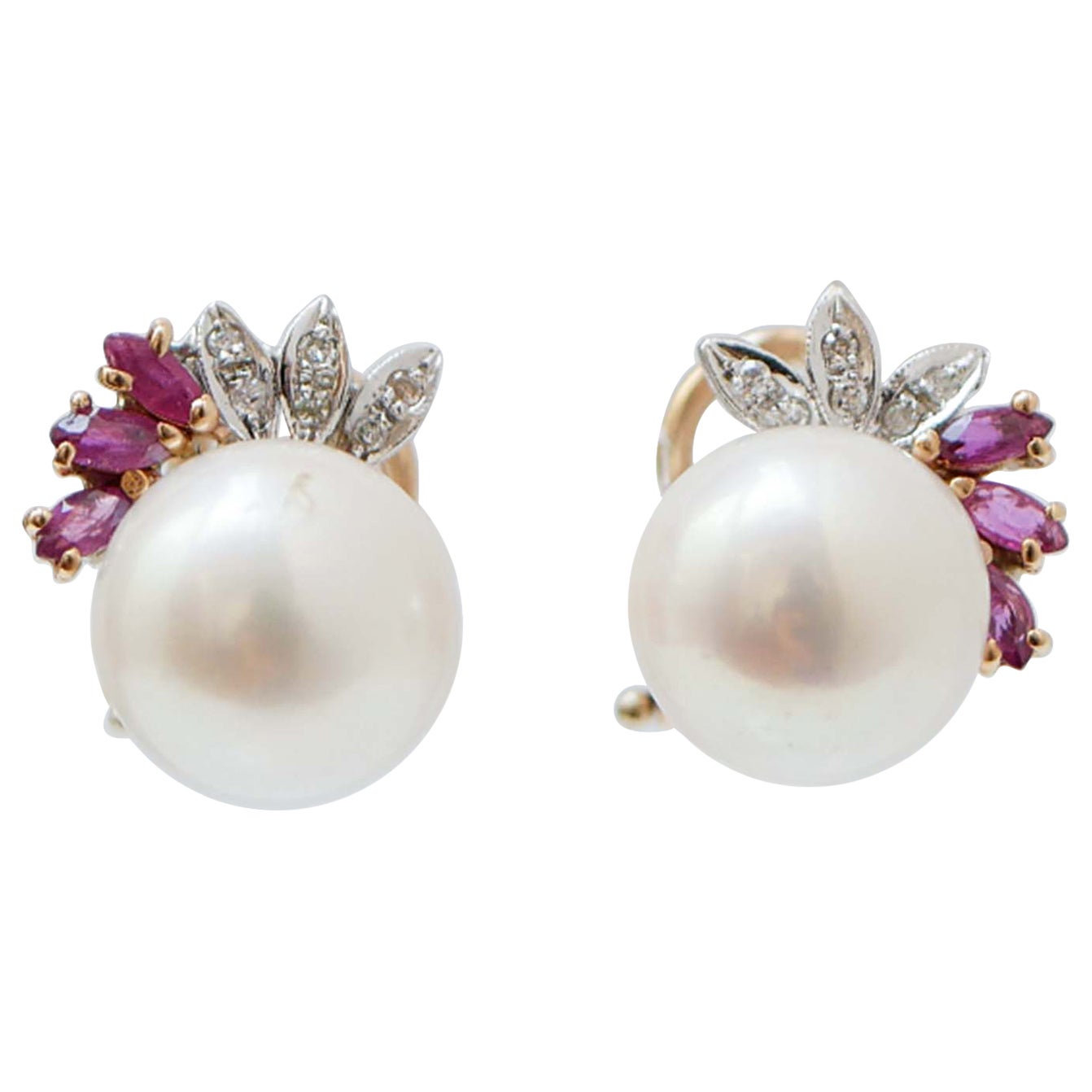 10.5 Mm Pearls, Rubies, Diamonds, 14 Karat Rose Gold Earrings.