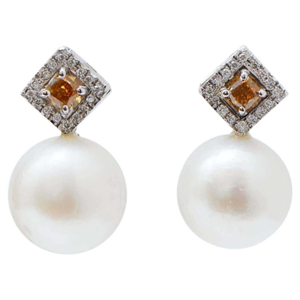 13 Mm South-Sea  Pearls, Fancy Diamonds, Diamonds, Platinum Earrings.