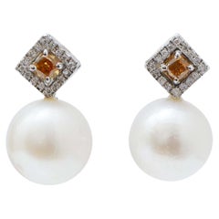 13 Mm South-Sea  Pearls, Fancy Diamonds, Diamonds, Platinum Earrings.