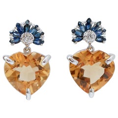 Topazs, Sapphires, Diamonds, 14 Karat White Gold Earrings.