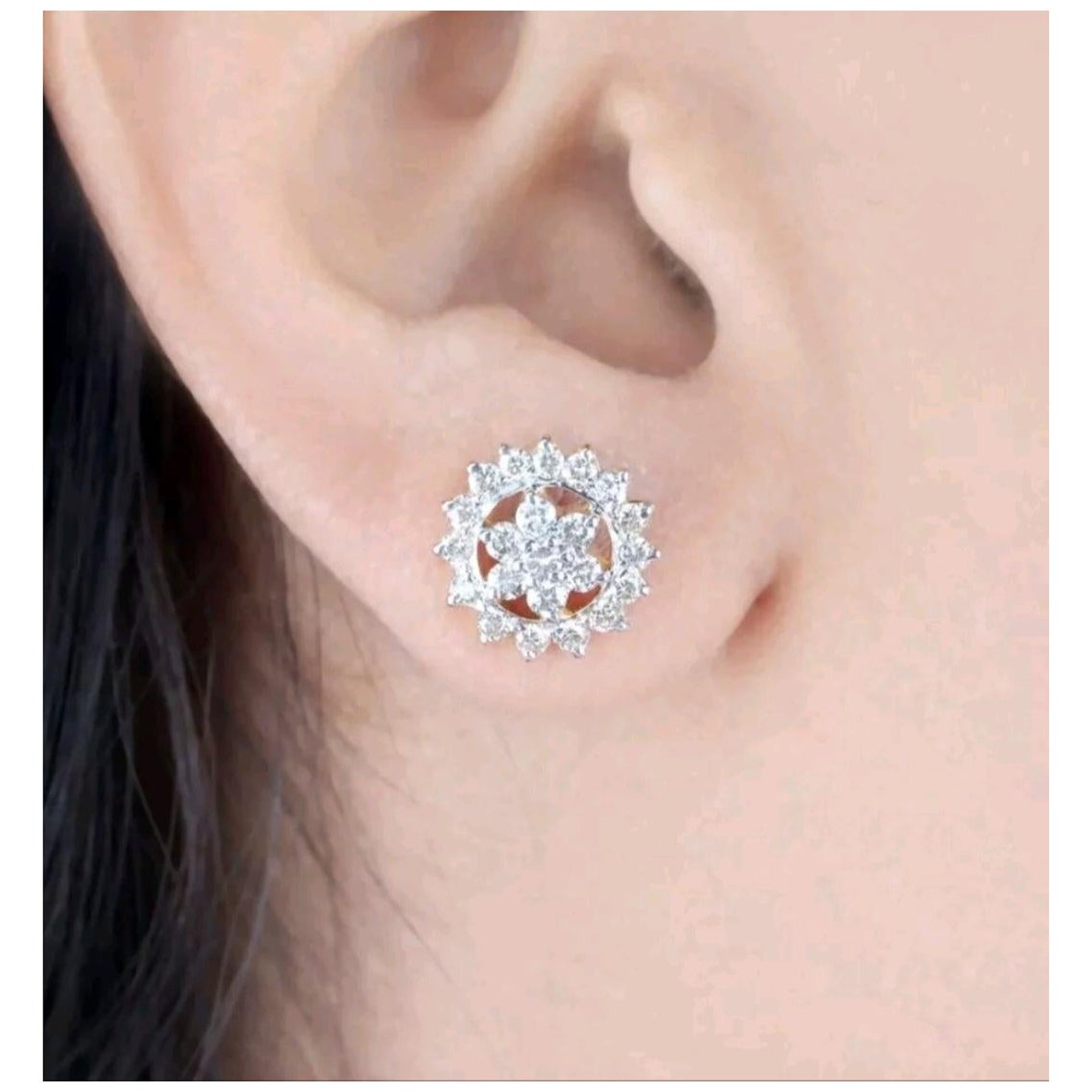 Certified Diamond Stud Earrings Floral 14K Solid Gold Handmade Fine Earring Gift