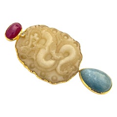 Bochic “Orient” Vintage Jade, Ruby Brooch / Pendant Set In 18K Gold & Silver