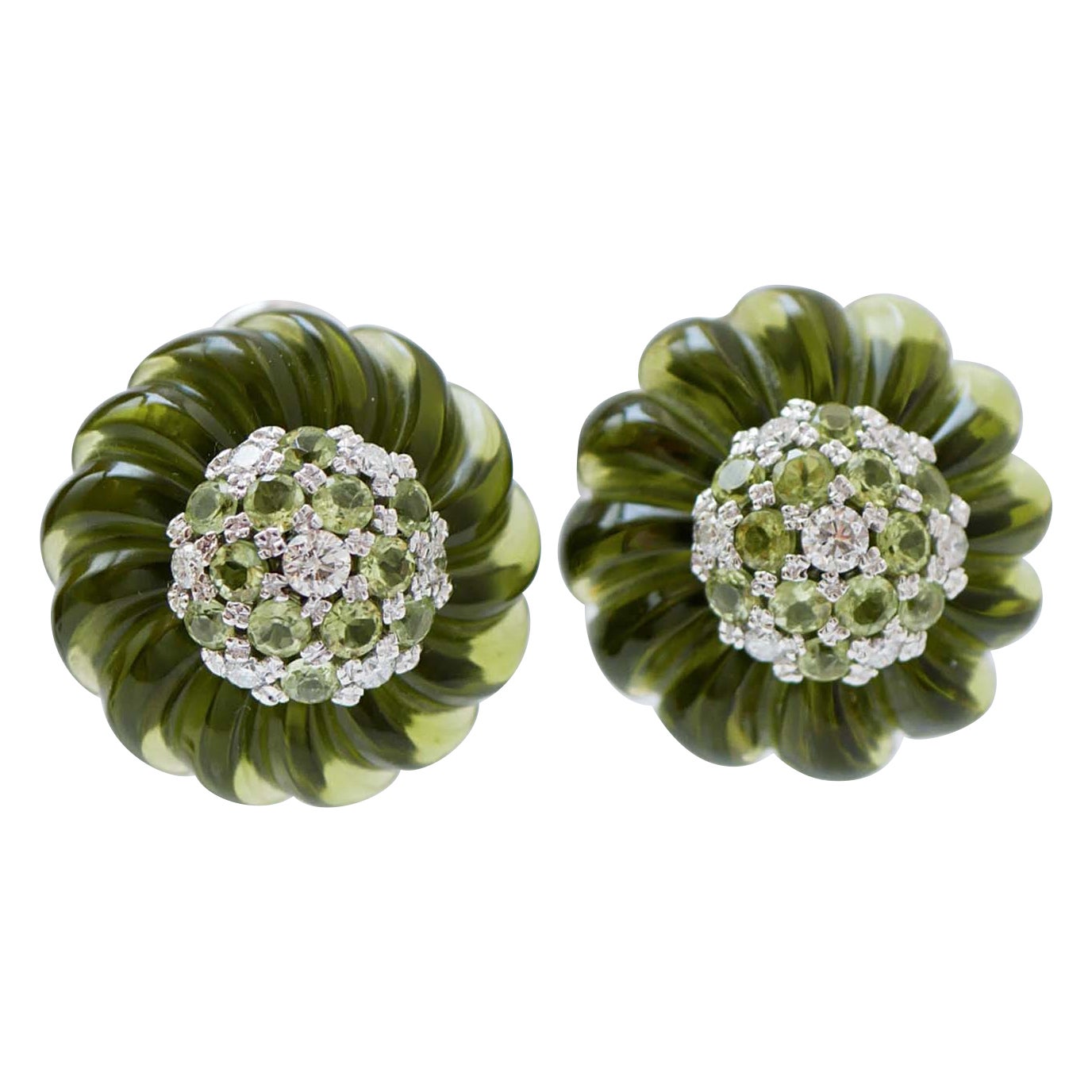 Green Quartz, Peridots, Diamonds, 14 Kt White Gold Earrings. For Sale